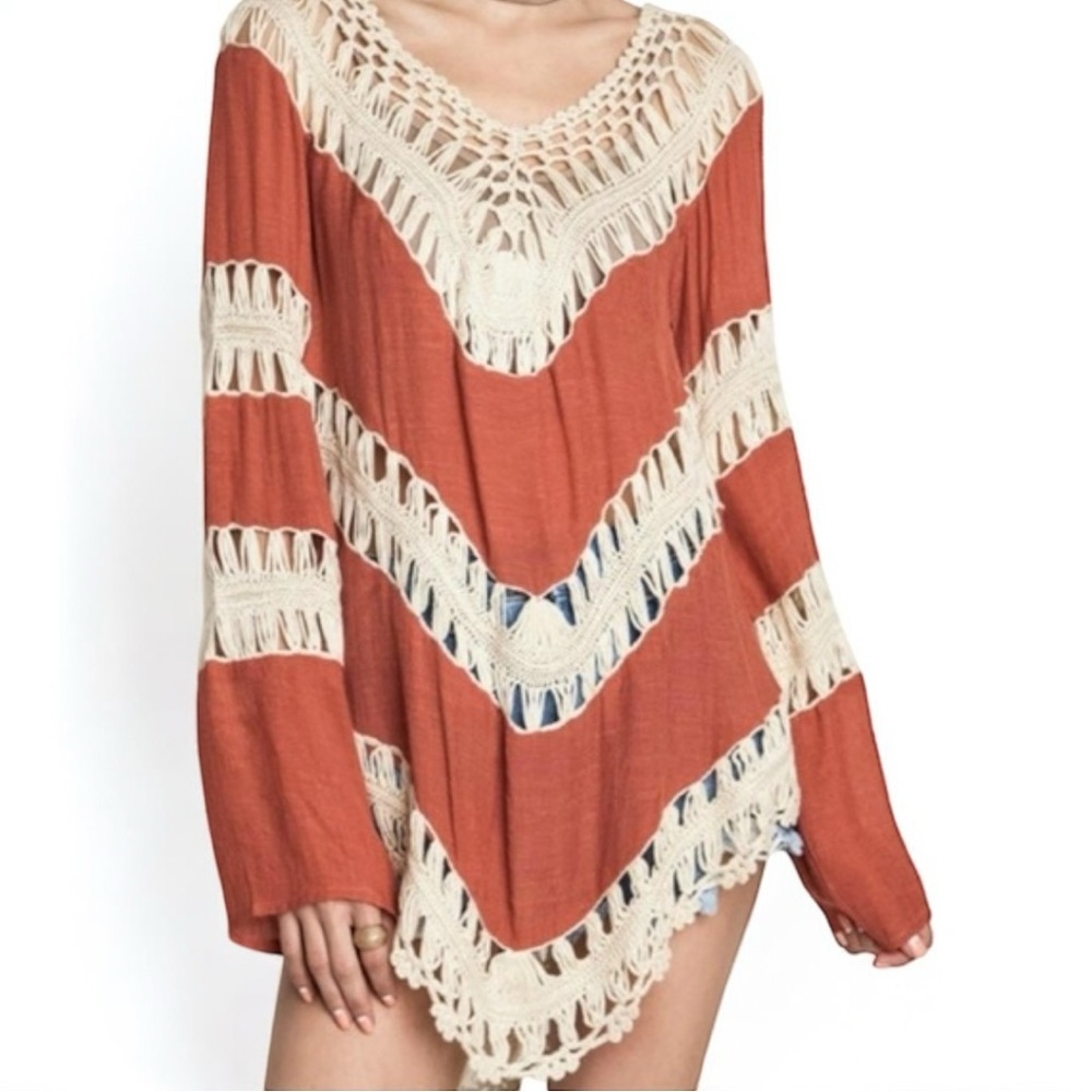 Umgee Rust & Cream Crochet Boho Flowy Tunic Top, Swim Coverup, Size Small